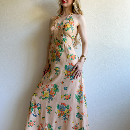 Stunning 1970s Peach Floral Print Halter Maxi Dress (S)