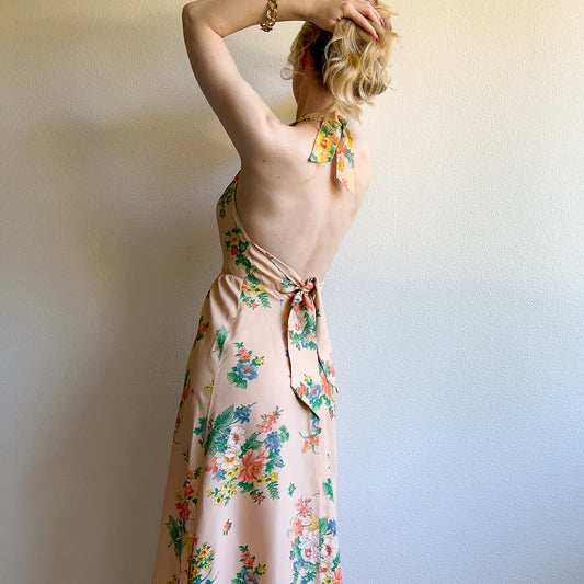 Stunning 1970s Peach Floral Print Halter Maxi Dress (S)