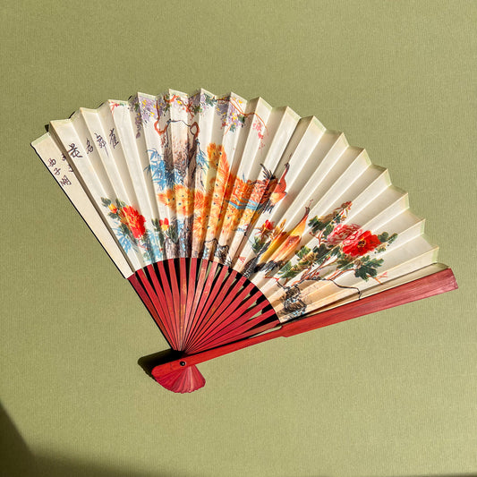 1970s Peacocks Folding Fan With Cherry Wood