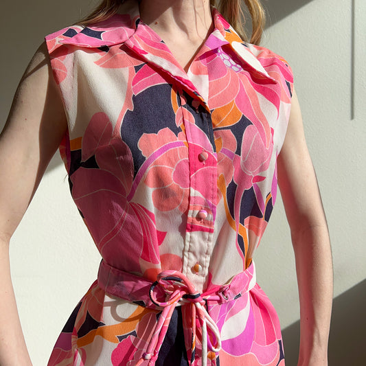 1970s Pink Floral Novelty Print Belted Dress (M/L)