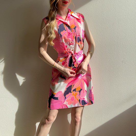 1970s Pink Floral Novelty Print Belted Dress (M/L)