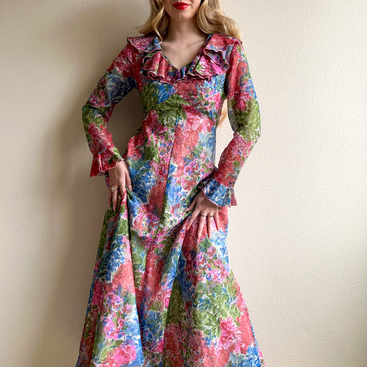 1970s Pink, Green, and Blue Floral Cotton Maxi Dress (S)