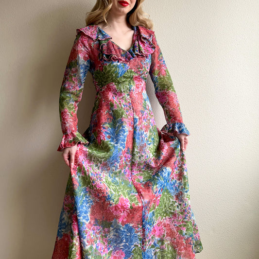 1970s Pink, Green, and Blue Floral Cotton Maxi Dress (S)