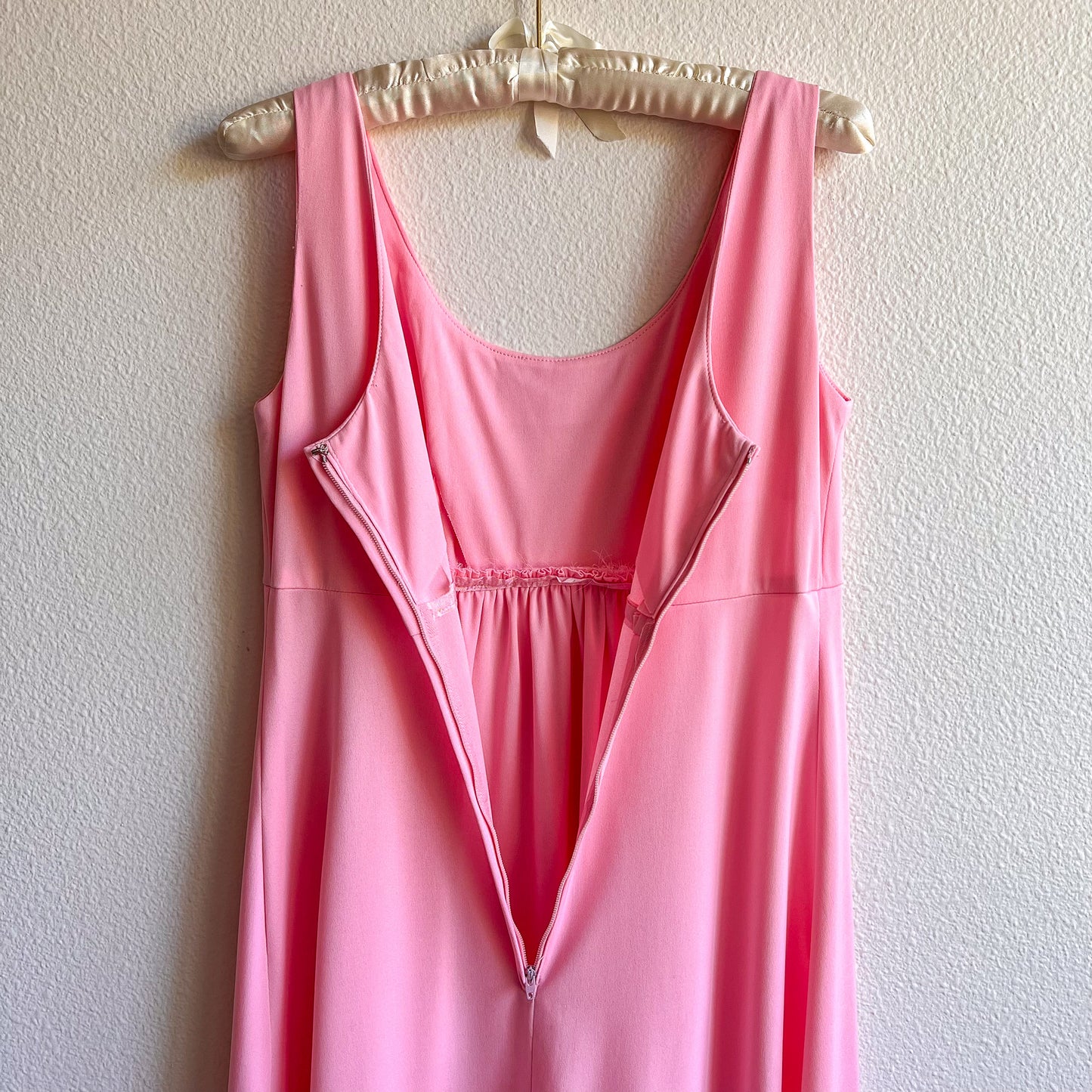 1970s Pink Party Dress With Floral Chiffon Overlay (M)