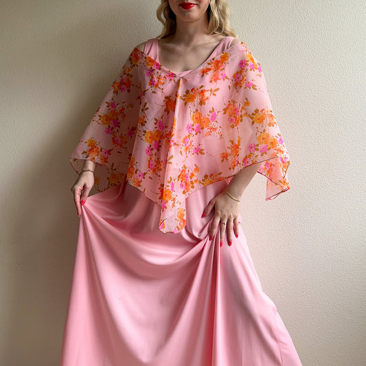 1970s Pink Party Dress With Floral Chiffon Overlay (M)