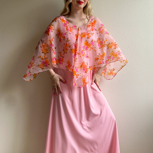 1970s Pink Party Dress With Floral Chiffon Overlay (M)