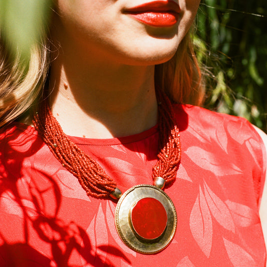 1960s Red Beaded Choker Necklace With Large Pendant