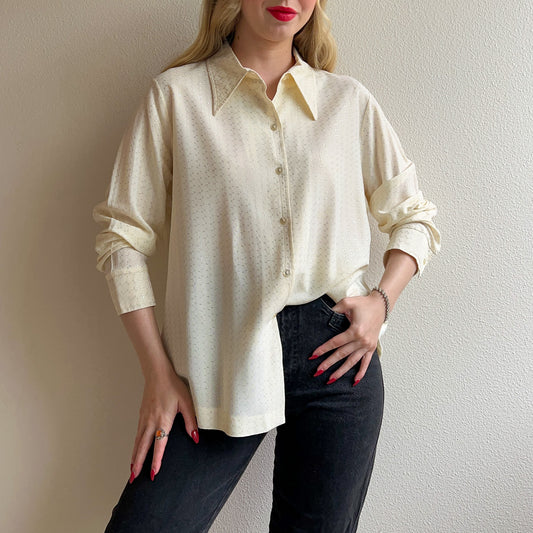 1970s Metallic Silver Threads White Blouse (L/XL)