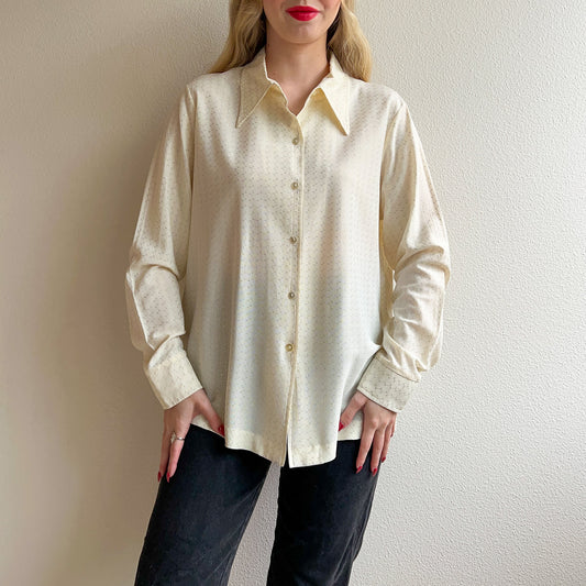 1970s Metallic Silver Threads White Blouse (L/XL)