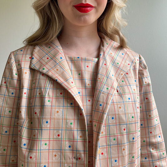 1970s Tan Dress and Jacket Set With Grid Pattern (S/M)