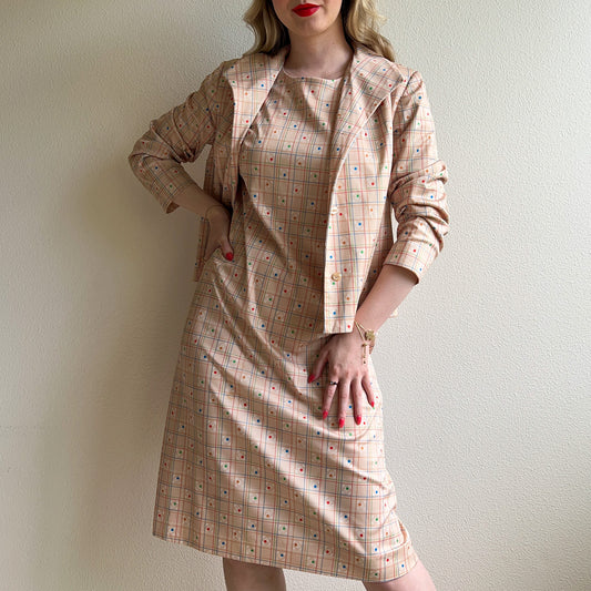 1970s Tan Dress and Jacket Set With Grid Pattern (S/M)