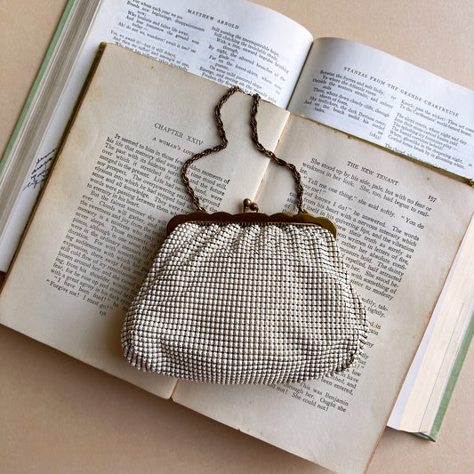 1970s Whiting & Davis White Enamel Mesh Evening Purse