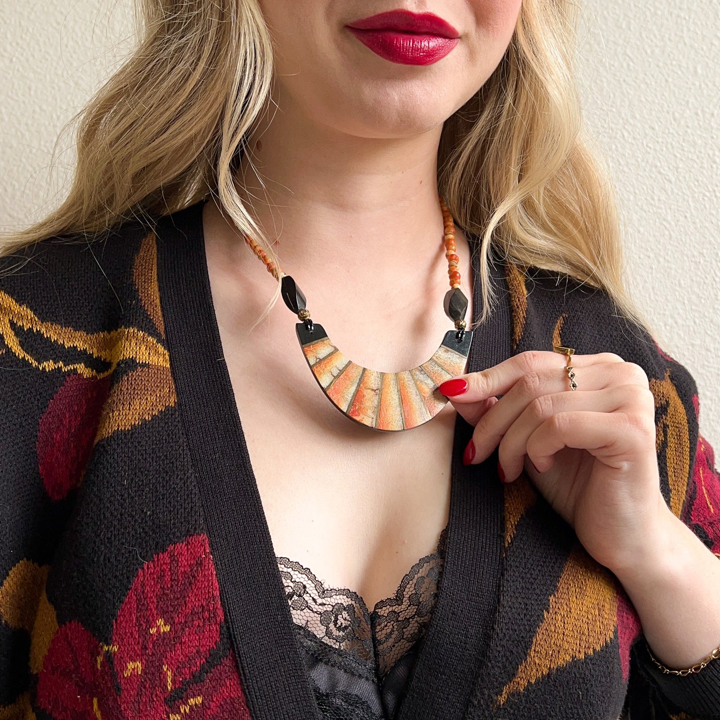 1970s Orange-Toned Wood Beaded Necklace