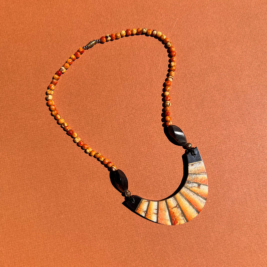 1970s Orange-Toned Wood Beaded Necklace