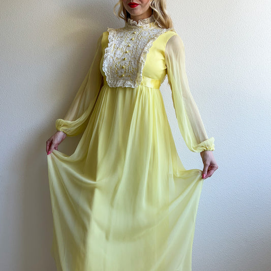 1970s Lemon Yellow Chiffon Maxi Dress With Crochet Bib (XS)