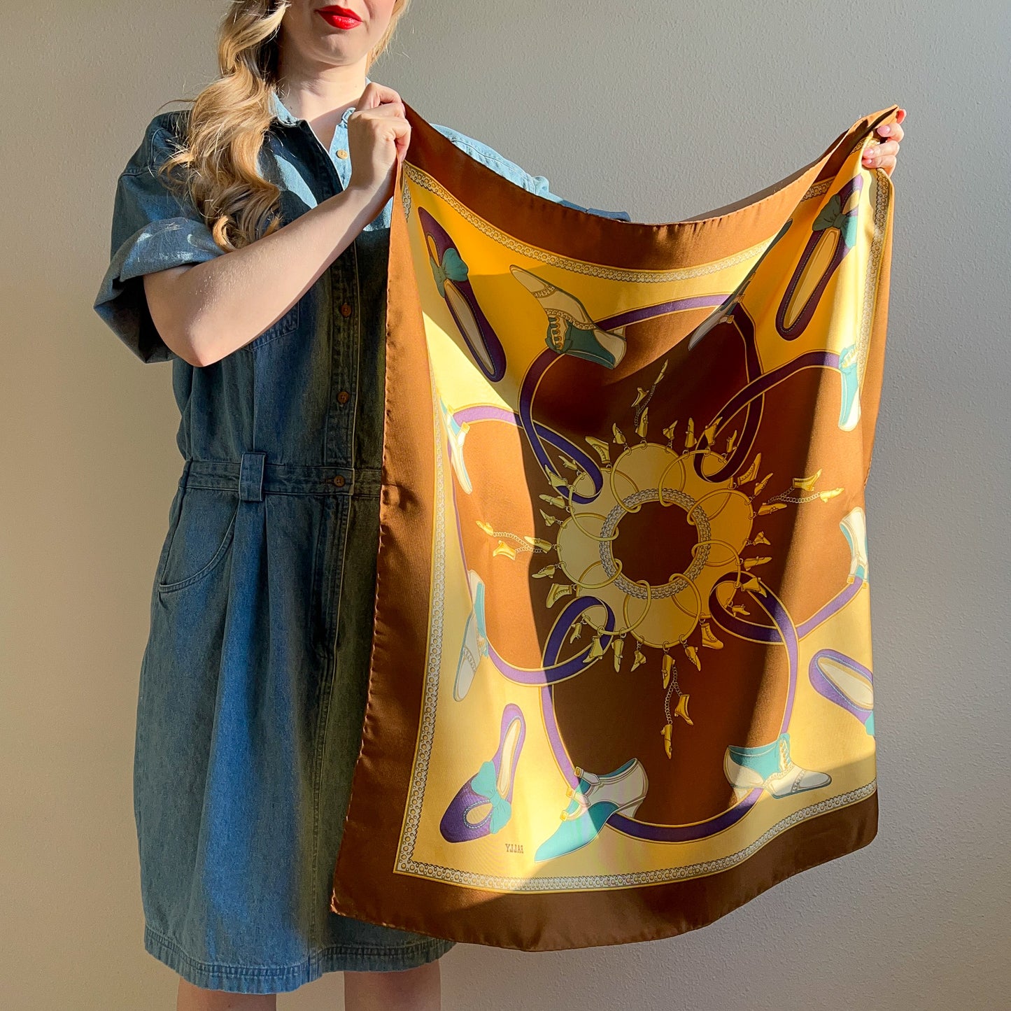 1980s Brown Bally Silk Scarf With Decorative Shoes