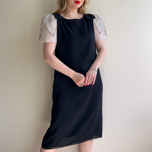 1980s Black Shift Dress With White Leaf Sleeves (M/L)