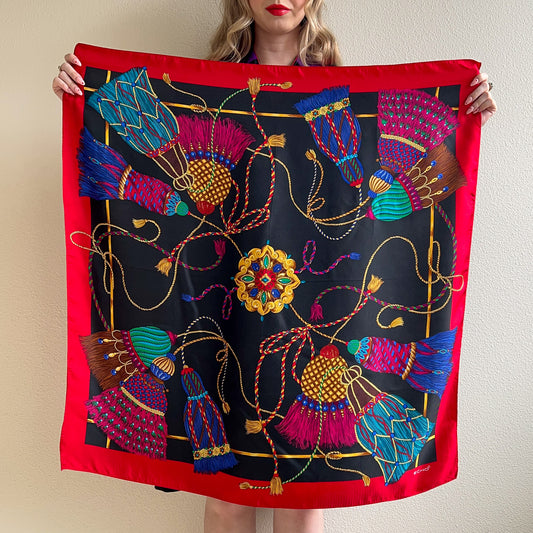 Fabulous 1980s Black Silk Scarf With Colorful Tassel Print