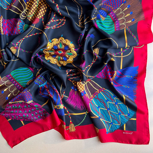 Fabulous 1980s Black Silk Scarf With Colorful Tassel Print
