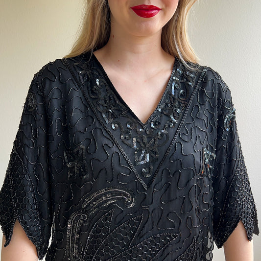 1980s Black Sequined Blouse With Dramatic Hemline (L/XL)