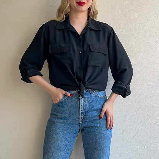 1980s Black Silk Blouse With Geometric Trim (M/L)