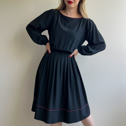 1980s Black Silk Dress With Pink Trim (M/L)