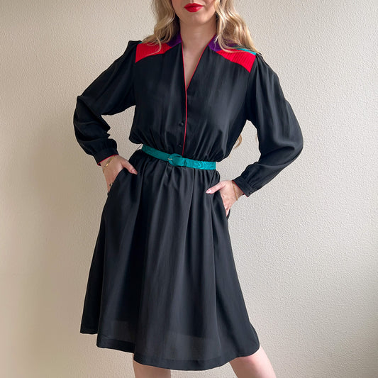 1980s Black Silk Dress With Quilted Appliqué (S/M)