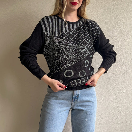 1980s Black Long Sleeve Sweater With Silver Design (S/M)