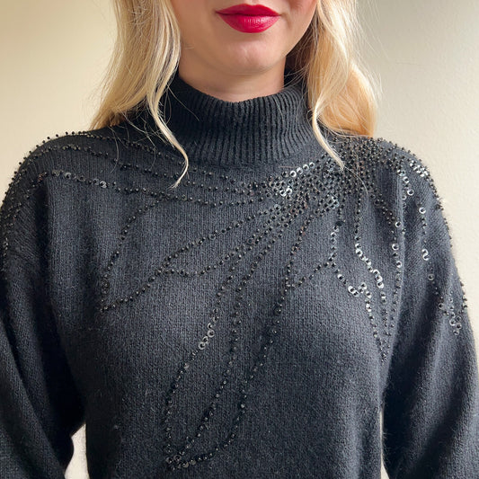 1980s Black Turtleneck Sweater With Sequin Details (M/L)