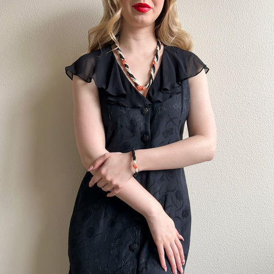 1980s Black and White Beaded Jewelry Set With Coral Accents