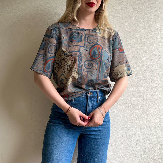 1980s Muted Blue Abstract Print Top (M/L)