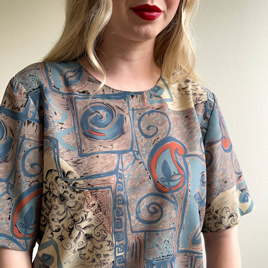 1980s Muted Blue Abstract Print Top (M/L)