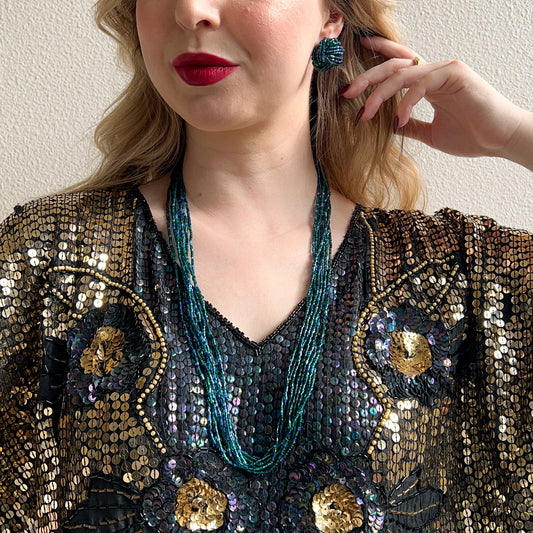 1980s Blue Beaded Multi-Strand Necklace With Earrings