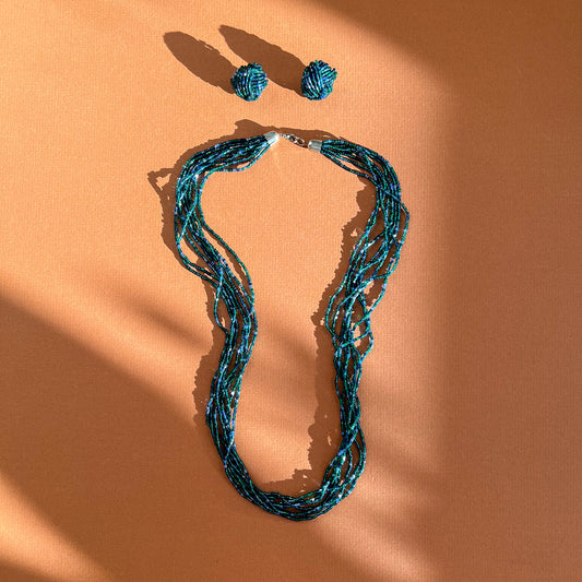 1980s Blue Beaded Multi-Strand Necklace With Earrings