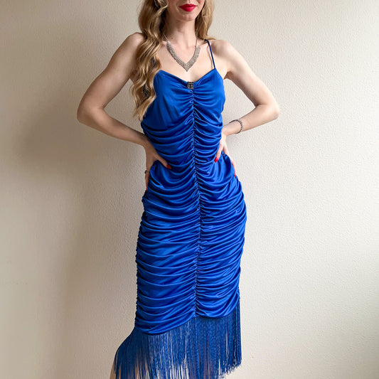 Sexy 1980s Royal Blue Ruched Party Dress (M/L)