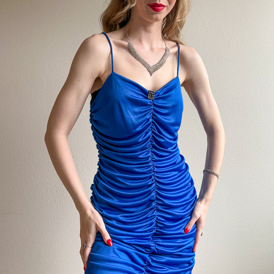 Sexy 1980s Royal Blue Ruched Party Dress (M/L)