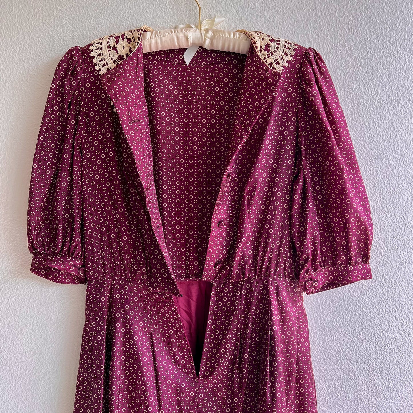 1980s Burgundy Silk Polka Dot Dress With Crochet Collar (M)