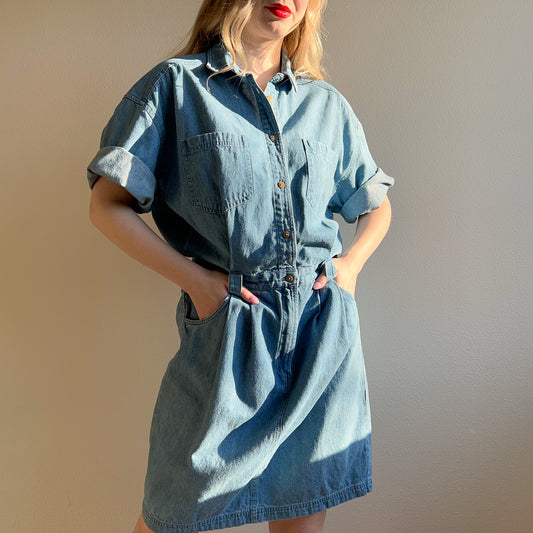 1980s Denim Buttoned Dress With Pockets (L/XL)