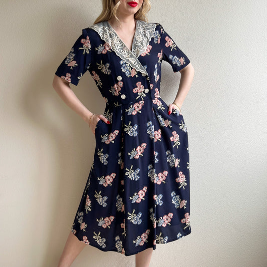 1980s-Does-1930s Double Breasted Navy Floral Dress (M)