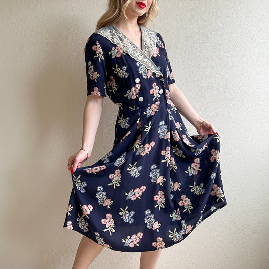 1980s-Does-1930s Double Breasted Navy Floral Dress (M)