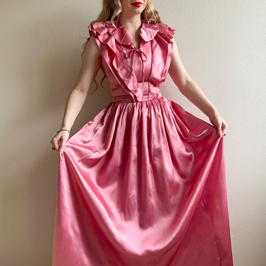 1980s-Does-1940s Pink Satin Gown With Ruffled Trim (S)