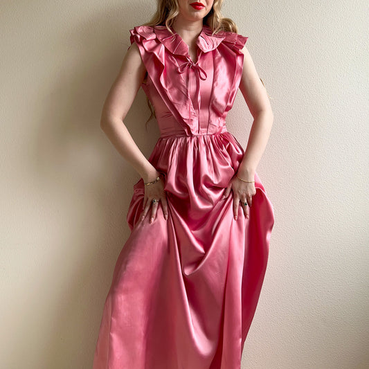 1980s-Does-1940s Pink Satin Gown With Ruffled Trim (S)
