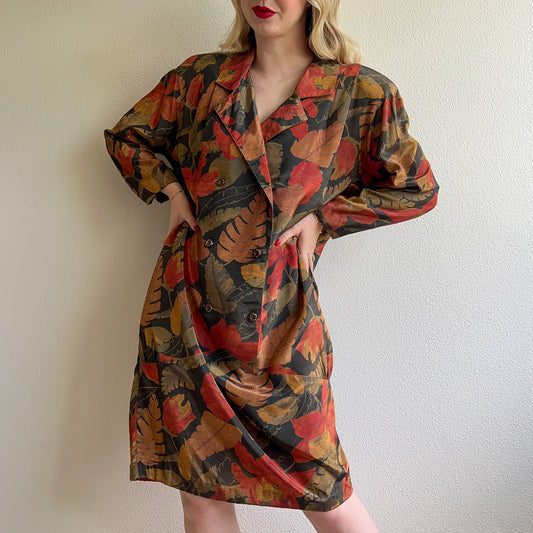 1980s Double-Breasted Dress With Golden Red Flora Print (L/XL)