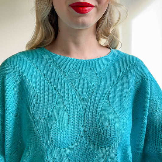 1980s Draped Turquoise Knit Sweater (L/XL)