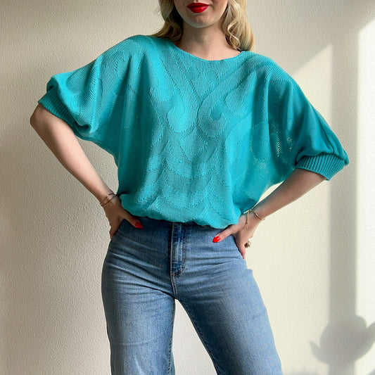 1980s Draped Turquoise Knit Sweater (L/XL)