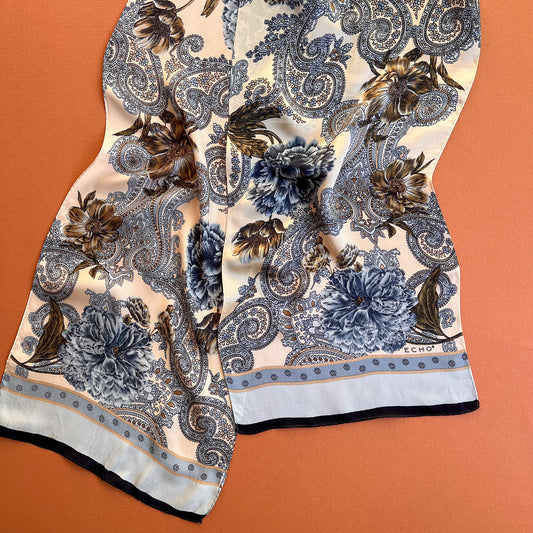 1980s Echo Blue Paisley and Roses Scarf