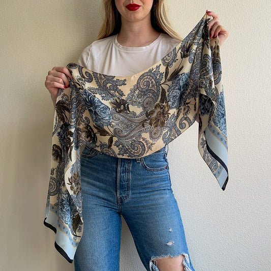 1980s Echo Blue Paisley and Roses Scarf