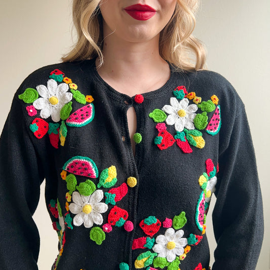 Cute 1980s Black Cardigan With Fruit Embroidery (S/M)