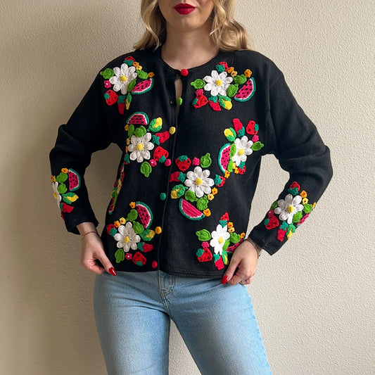 Cute 1980s Black Cardigan With Fruit Embroidery (S/M)