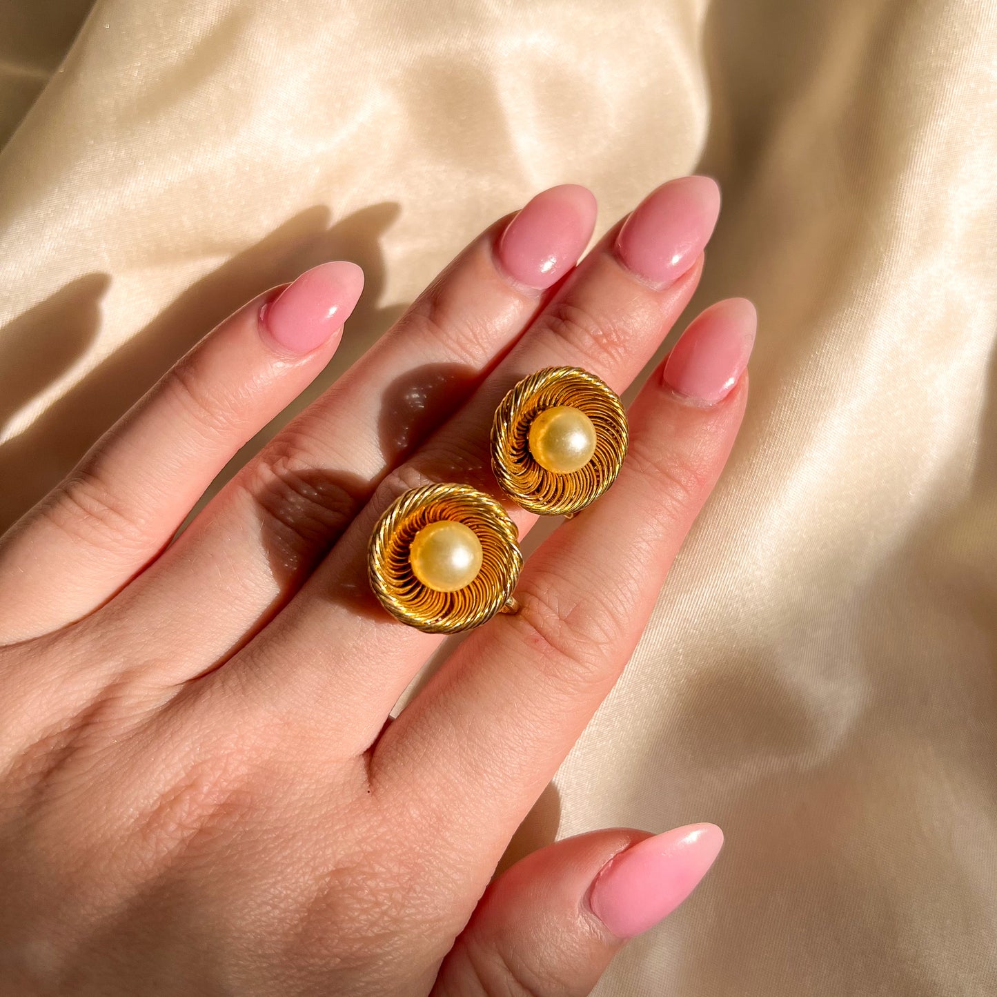 1980s Textured Gold-Tone Earrings With Large Pearls